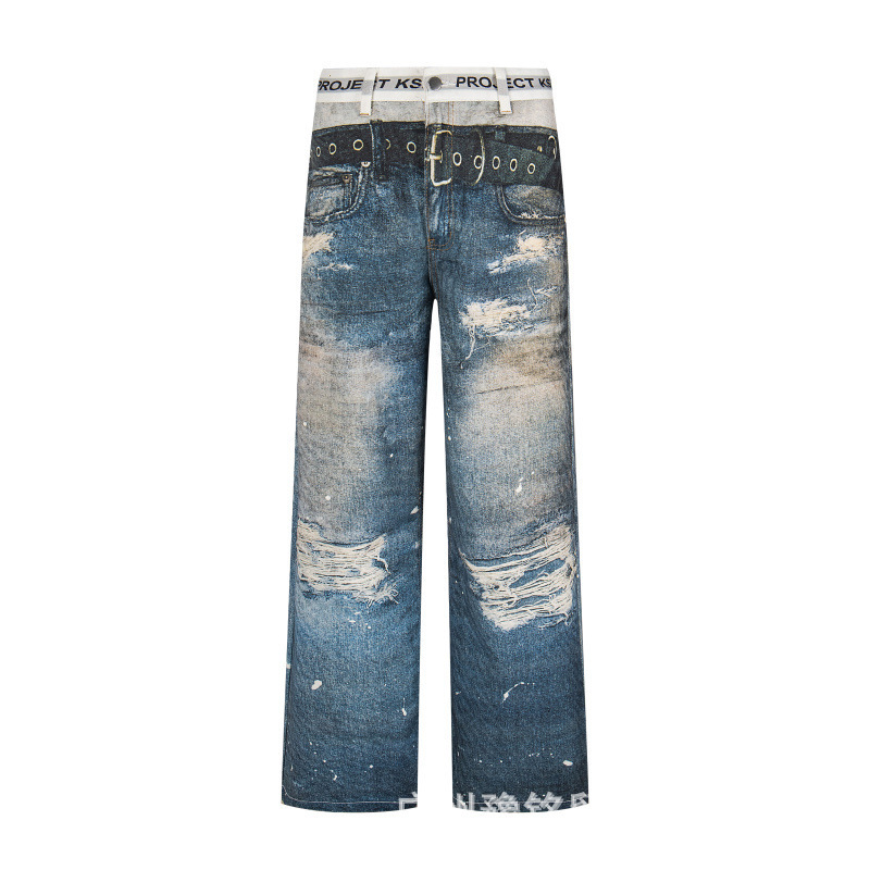 American High Street G/R Digital Printed Fake Two-Piece Layered Effect Loose Destroyed Straight Denim Pants Men's Jeans
