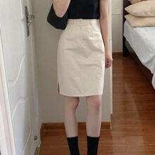 『七月自制』夏季新款白色高腰显瘦中裙A字开叉半身裙