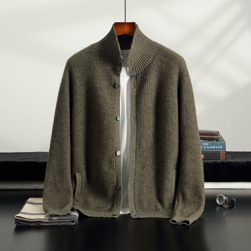 Autumn and Winter New Men's Thickened Half-High Collar Buttoned Double-Pocket Cashmere Jacket Knitwear Wool Cardigan Wholesale