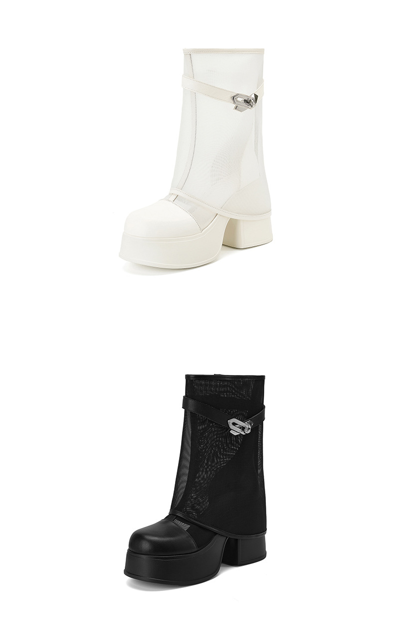 Boot nữ cổ cao ôm bắp chân đế dày 10 cm, lưới thoáng khí, khóa kim loại — màu đen, màu trắng chi tiết 16