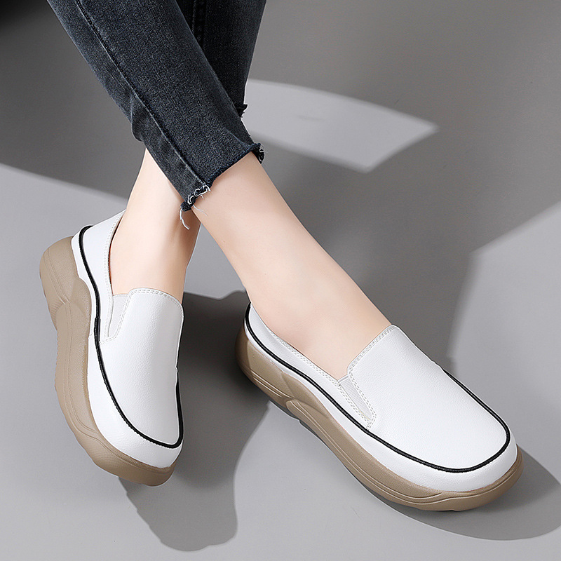 Casual Ultra-Fiber 2022 Thick-Soled Slip-On Loafers New Flat-Heeled Women's Maternity Shoes White Shoes Autumn Single Shoes Color-Blocking