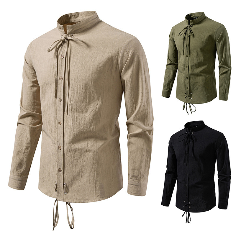 Foreign Trade European Size 2026 Amazon New Summer Style Medieval Pirate Drawstring Men's Cotton and Linen Long-Sleeved Shirt C75