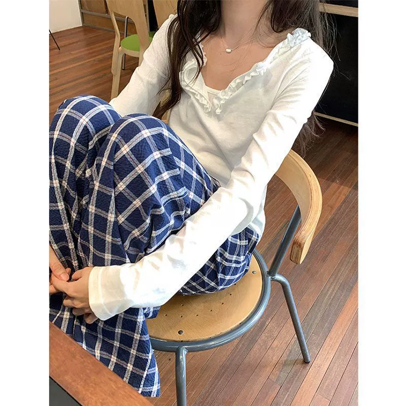 Женские широкие брюки в клетку, весенние свободные брюки для маленьких людей, прямые повседневные брюки с высокой талией в ленивом стиле.