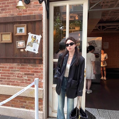 高级感炸街小个子复古西装皮衣外套2025春秋新款黑色机车皮夹克女