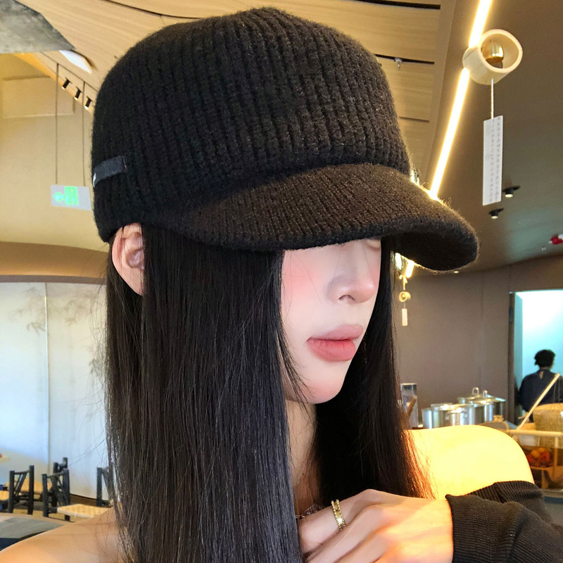 赵露思同款平顶针织鸭舌帽女韩版百搭显脸小马术帽大头围毛线帽子|undefined