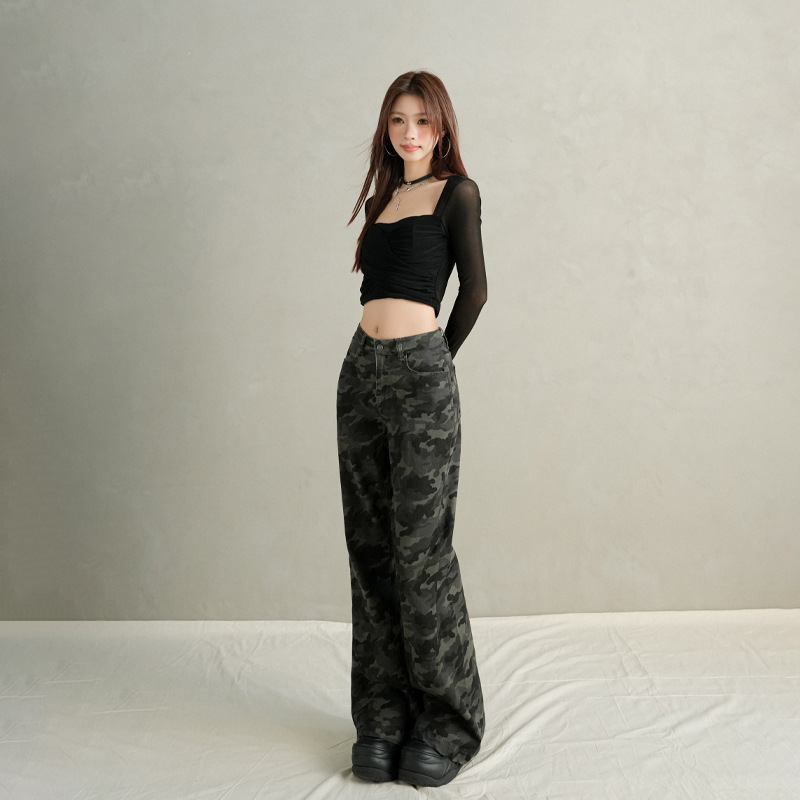 稚橘#美式高街辣妹迷彩微喇牛仔裤女修身显瘦弹力时尚百搭喇叭裤|undefined
