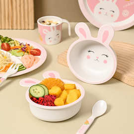 竹纤维儿童餐具辅食碗宝宝餐碗婴儿分格卡通餐碗叉勺礼品2件套装