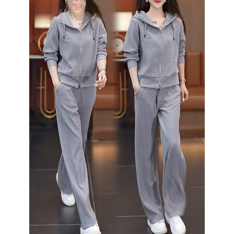 春秋款时尚休闲运动服套装女春秋季新款洋气连帽卫衣阔腿裤两件套|undefined