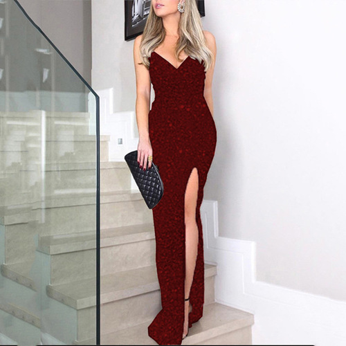 Spring European and American Women's Fashion V-Neck Beaded Sexy Stylish Strap Sequin Split Gown