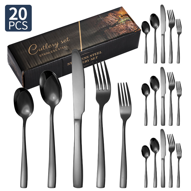 Transfronterizo Amazon cubiertos de acero inoxidable de mango cuadrado 20 / 24 / 30 piezas set cuchillo de filete de comida occidental tenedor cuchara set box