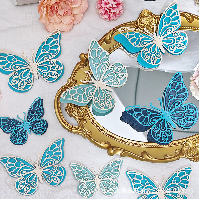 Cross-Border New Double-Layer Cut Out Butterfly Wall Stickers Stereo High-End Holiday Party Decoration Stickers 3D Stereo Wallpaper