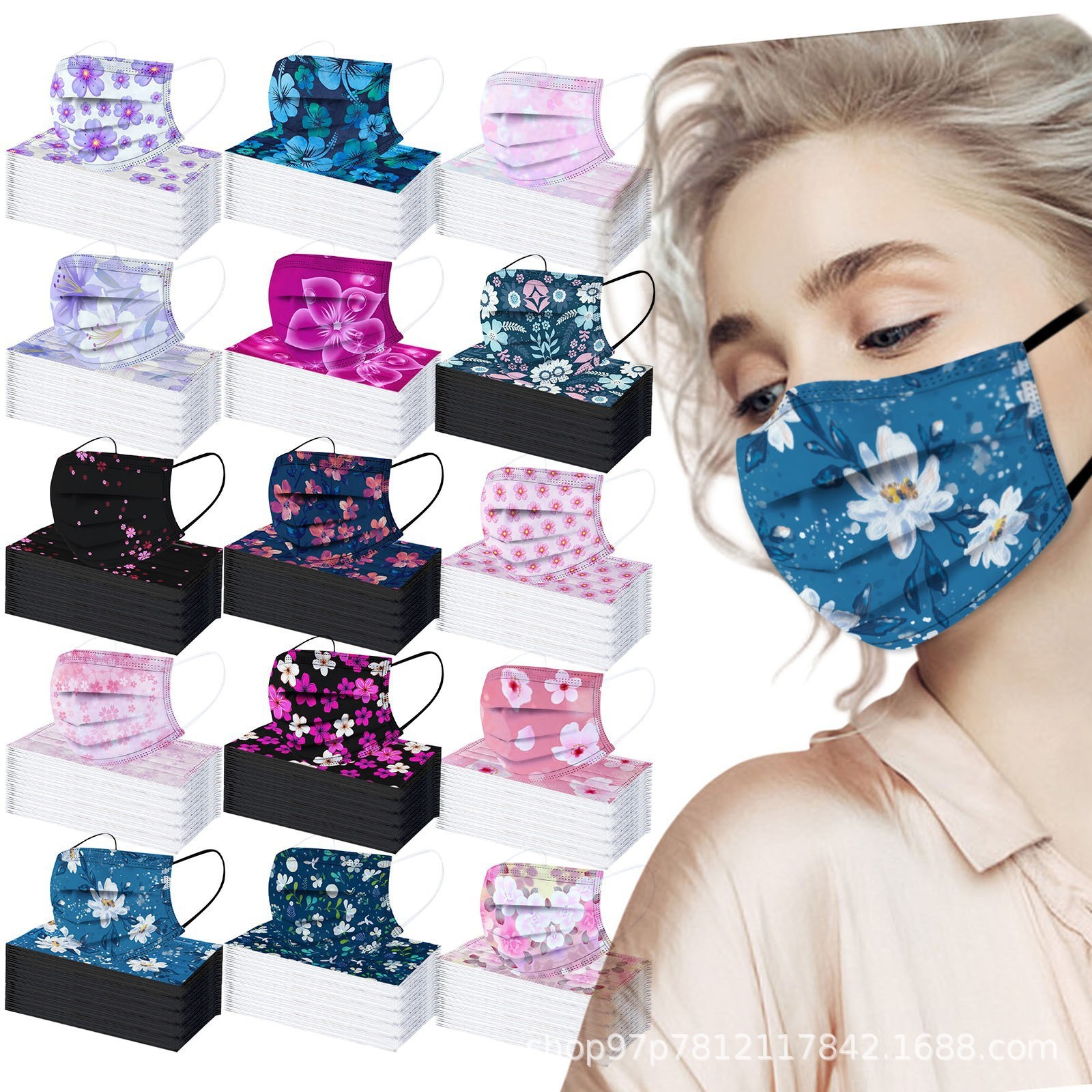 一次性口罩女高颜值花朵印花三层防护含熔喷舒适显防风脸小成人款