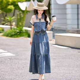 韩系设计感蕾丝拼接短袖牛仔上衣半身裙套装女夏季2026新款两件套