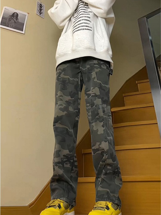 美式高街迷彩工装牛仔裤男春秋潮牌重磅痞帅炸街宽松直筒休闲长裤|undefined