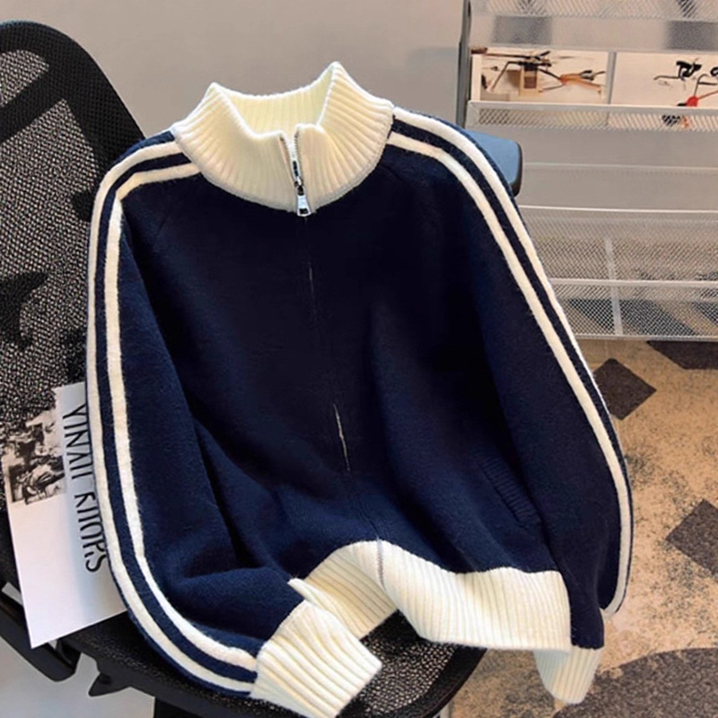 自留款推荐撞色条纹棒球服外套女春秋新款拼接拉链小个子针织毛衣|undefined