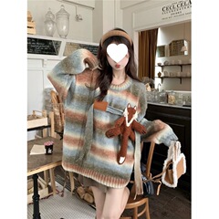 大码女装胖mm新款宽松休闲撞色条纹毛衣法式慵懒风套头针织衫上衣