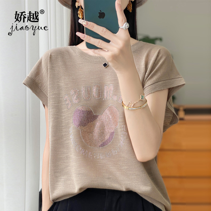Knitted Short-sleeved Women's 24 New Summer plus size Ice Silk Knitted Sweater Hot Diamond Crewneck T-shirt Cool Slub Top Knitted Short-sleeved Women's 24 New Summer plus size Ice Silk Knitted Sweater Hot Diamond Crewneck T-shirt Cool Slub Top
