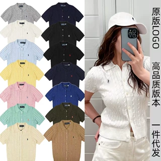 针织开衫女短袖Polo领纯色小马拉夫刺绣修身显瘦夏季新款翻领毛衣