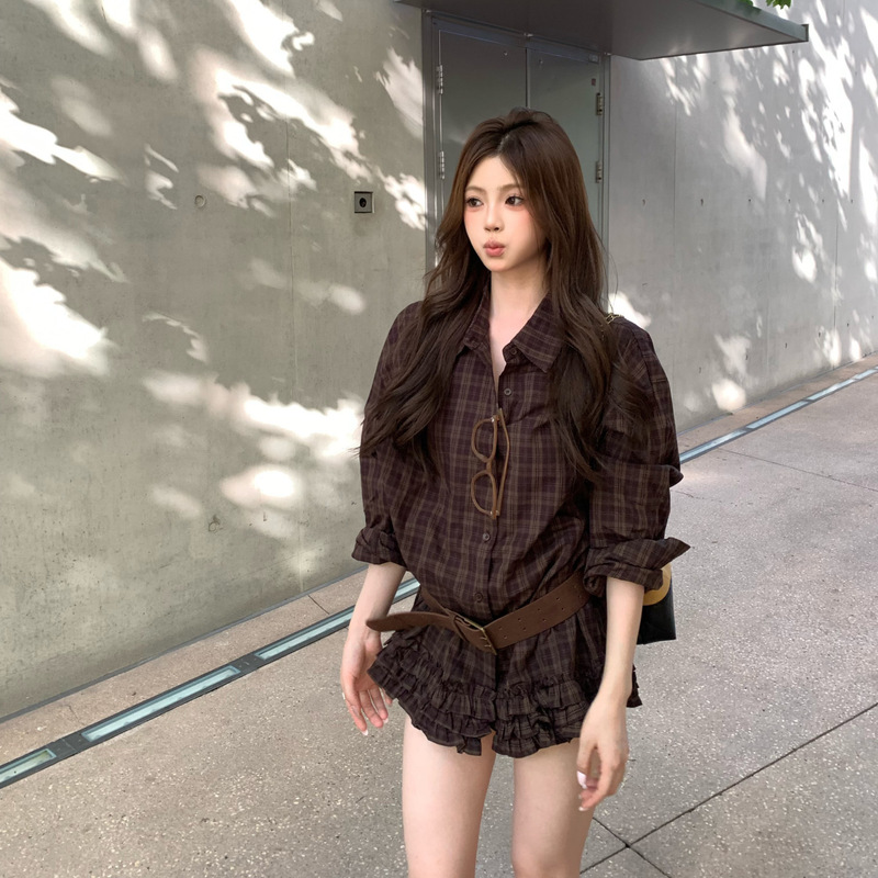 美式辣妹复古咖色格子衬衫气质长袖衬衣女秋季设计感开衫外套上衣|undefined