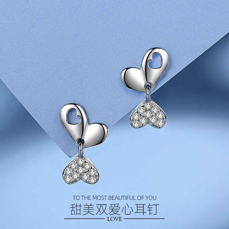 Pendientes creativos del perno prisionero del amor de las mujeres de la plata esterlina S925 estilo coreano diseño en forma de corazón doble Pendientes largos incrustados en diamantes Estilo rojo neto simple