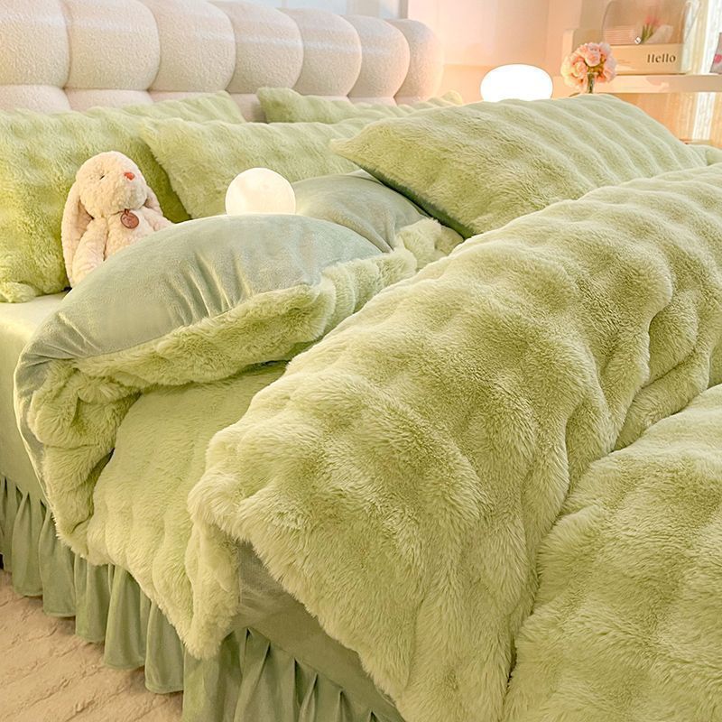 Thickened Rabbit Velvet Four-Piece Winter Milk Velvet Quilt Cover Bed Sheetss Coral Velvet Bed Skirt Double-Sided Velvet Three-Piece Bedding Set