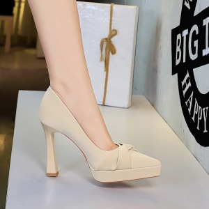 8399-3 French High Heels Women&apos;s Pointed Fold Bow Waterproof Platform Thick Heels Banquet Style Super High Heels Si