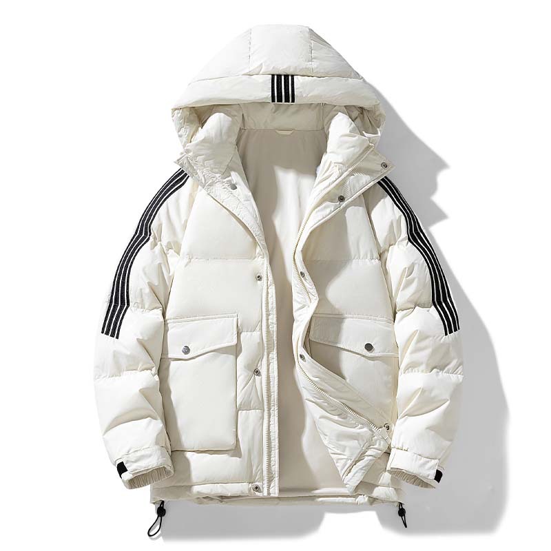 Men's Winter Puffer Jacket With 90% White Duck Down | Striped Hooded Coat For Extreme Cold (-20°C) | Unisex Oversized Fit (Black/Grey/Cream)_voghion.com