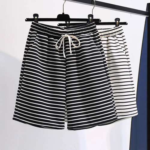 Cross-border wholesale black and white striped women's summer new five-inch wide-leg pants casual running sporty hot pants Ins