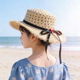 夏季女童防晒遮阳帽镂空草编蝴蝶结丝带毛边公主风沙滩度假渔夫帽