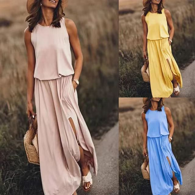 2026 Summer European and American Amazon New Style Round Neck Sleeveless Strap Solid Color Split Lantern Skirt Dress Mid-Length Dress