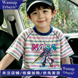 wass 夏季纯棉条纹宽松百搭儿童男童圆领休闲短袖T恤卡通印花上衣
