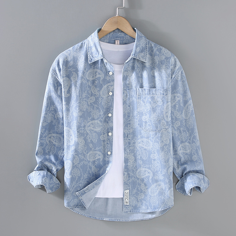 Men's Denim Shirt Jacket for Spring and Autumn, Japanese Style Casual Trendy Printed Cotton Shirt Jacket Top