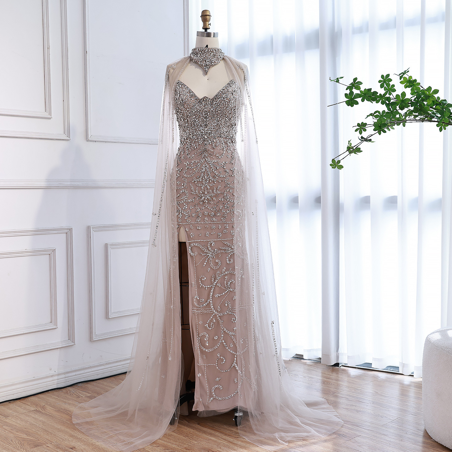 Foreign Trade Nude Crystal Beaded Fishtail Flying Sleeve Evening Dress Art Exam Solo Host Fishtail Long Skirt La73339