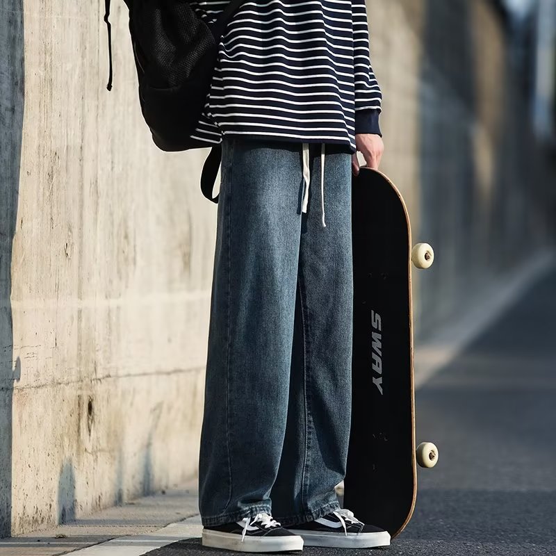 Estilo de moda estilo de Hong Kong jeans rectos sueltos hombres 2024 primavera y otoño nueva marca de moda pantalones casuales de todo fósforo pantalones de trapeador