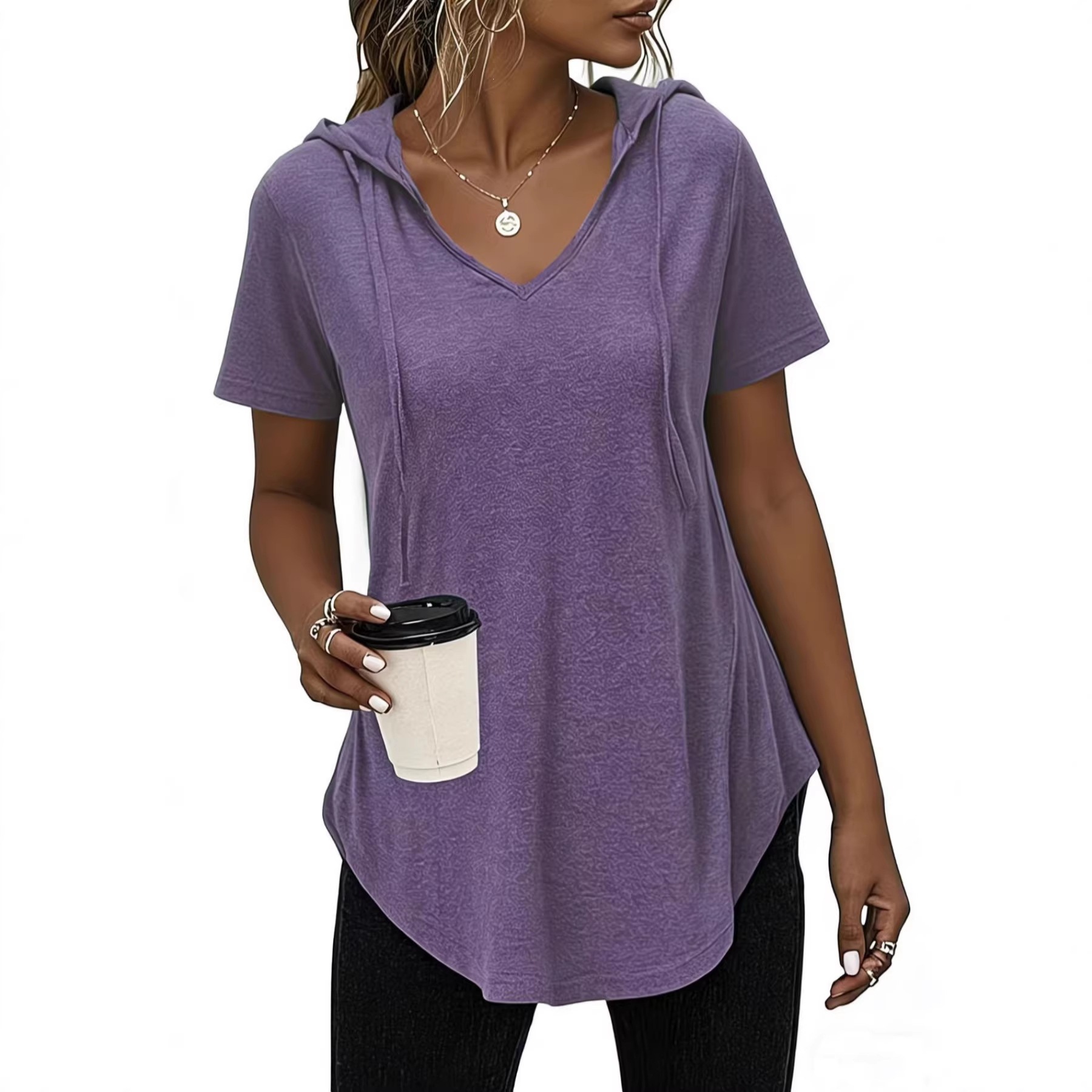 2026 Spring And Summer European And American Maternity Wear New Foreign Trade Fashion Break V-neck Hooded Women's Top T-shirt_ecoleips.com