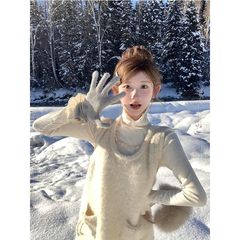 韩系温柔风高领白色打底衫女秋冬季时尚背心短裙打底衫两件套套装