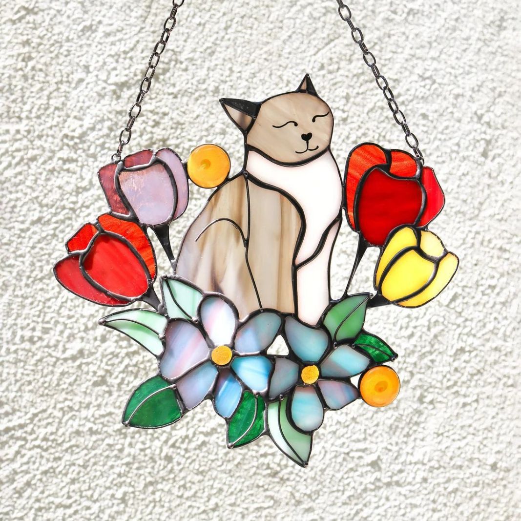 Colgante nuevo colgante de ventana acrílica de color flores gatos decoración de pared del hogar regalo para los amantes del gato