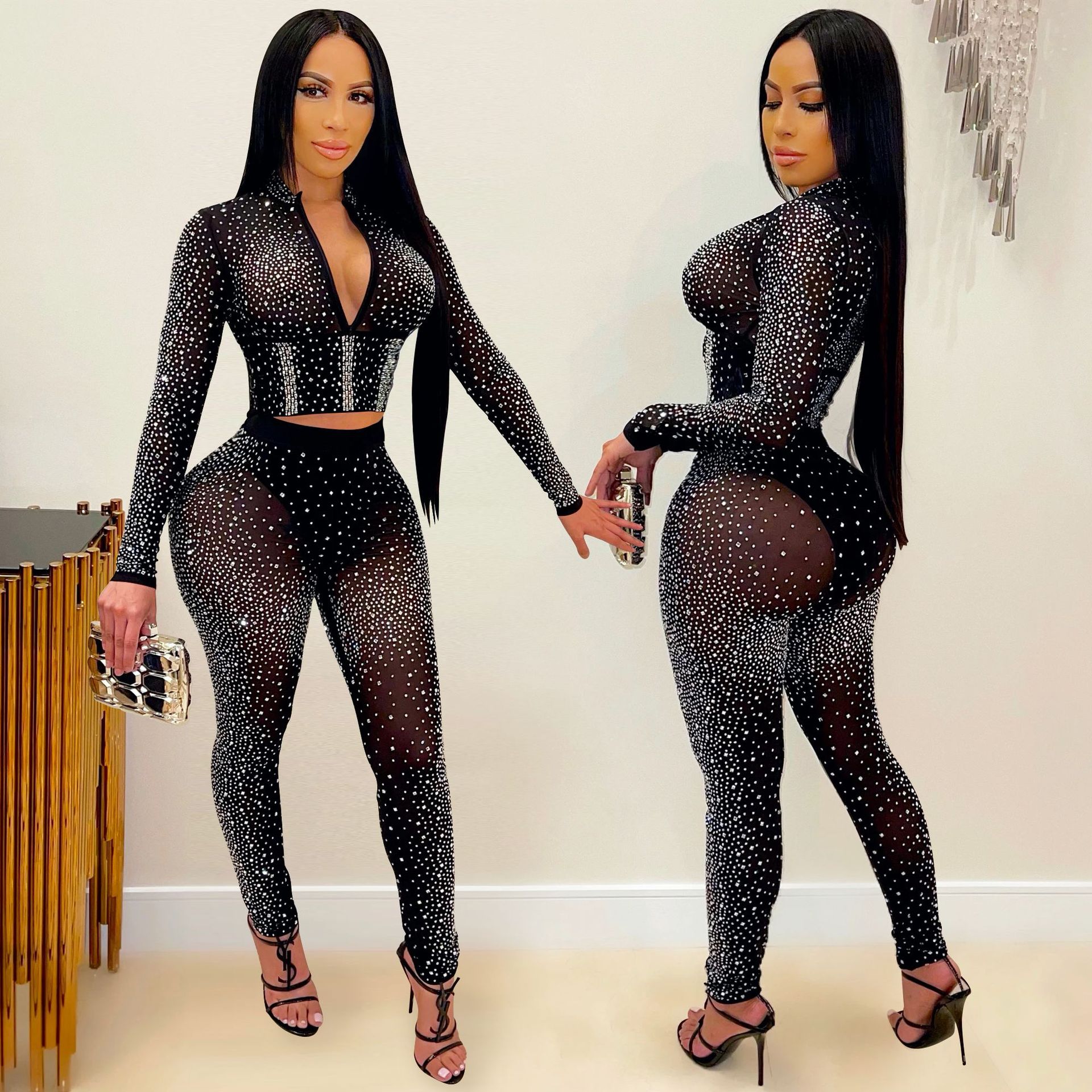 X5206 AliExpress Amazon moda europea y americana nueva discoteca caliente rhinestone cuello en V pantalones de manga larga traje de dos piezas de las mujeres