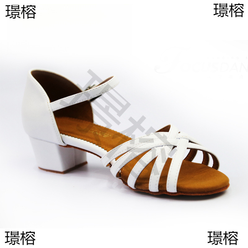 Hong Kong Focus Dance Shoes Children's Latin Shoes White Black Leather Basic Cross Style Children's Shoes Small Square Heels