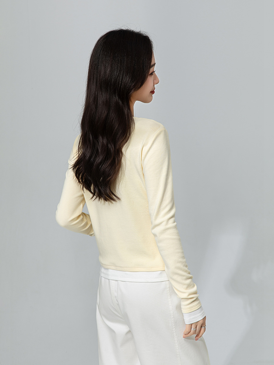 Áo cardigan cotton dệt kim cổ chữ V giả hai mảnh ngắn sành điệu — Màu vàng ngỗng