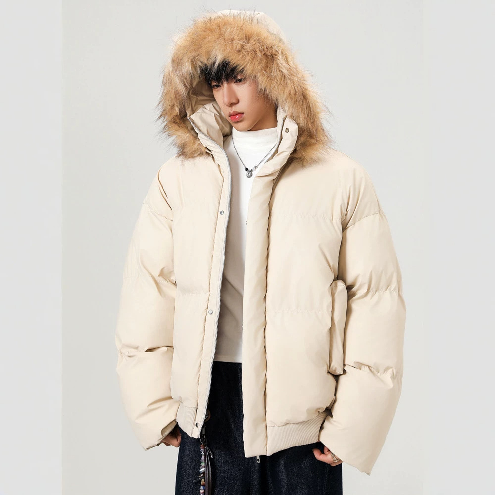 Men's winter new style cotton-padded coat with detachable fur collar, American loose fit, thickened and warm, puffer jacket.