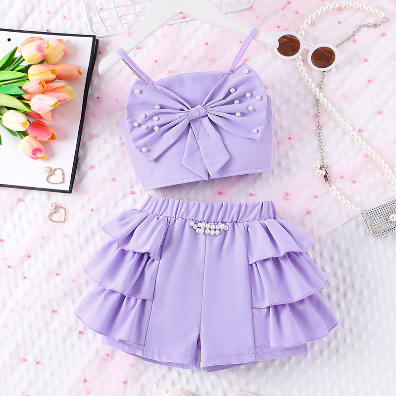 160g Weight Kids Clothing Sets Children's Clothing Type Sleeveless Sleeve Length Polyester Fabric Type Shorts Sets Sets Type 2 Pieces Set Quantity Casual, Daily Occasion Collarless Neckline Regular Fit Fit Type Solid Color Pattern 2025 Spring and Summer Season Girl'S Gender Pearl Design Simple Style Style Pink, Purple, Yellow Color Simple Style Solid Color Pearl Polyester Girls Clothing Sets 10