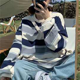 韩版条纹T恤女装宽松百搭新款春秋季中长款长袖上衣服ins潮外贸