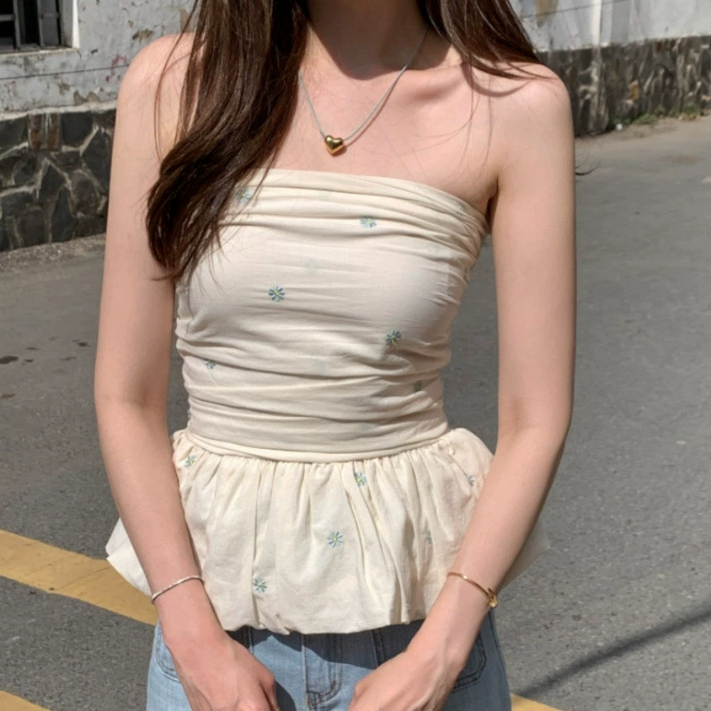 Уникальный стильный жилет-бандо для женщин, летний маленький сексуальный топ с цветочной вышивкой и рюшами на талии для похудения.