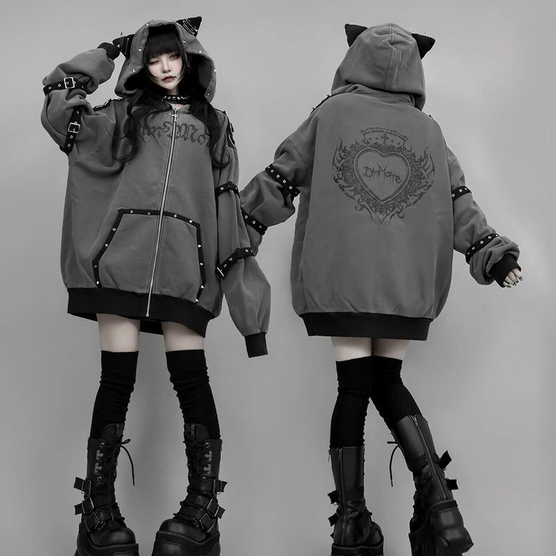 Dark Gothic Autumn and Winter Millennium Hooded Cross Cat Ear Subculture Y2K Punk Zipper Sweatshirt Jacket Ins