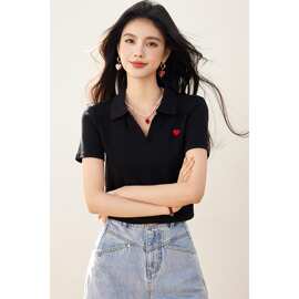 2026年夏季新款显瘦爱心刺绣polo衫短袖t恤酷女孩穿搭休闲上衣女
