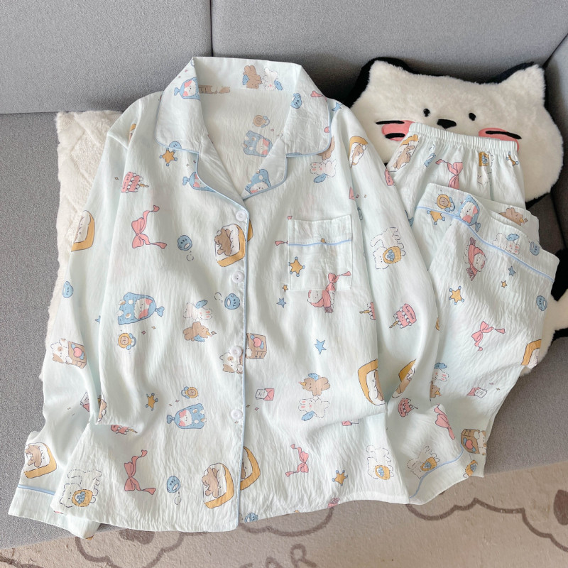 工厂直销云朵棉新款睡衣女长袖长裤开衫翻领卡通大码家居服套装|undefined