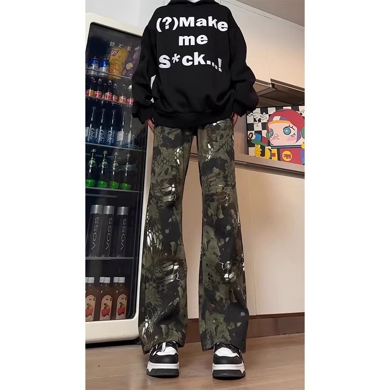 Black Snake Pattern Micro-Flared Scimitar Jeans Men's Cleanfit Pants American Retro High Street Vibe Straight Pants