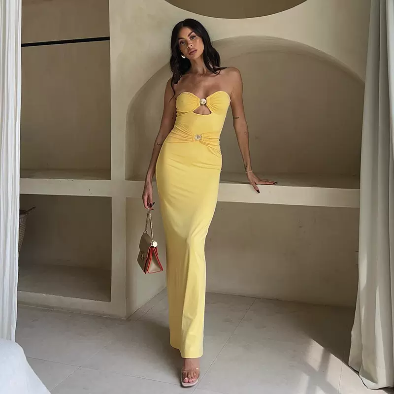 YJ25129DGO新款跨境抹胸裙一字肩拼接金属配色海滩度假修身连衣裙