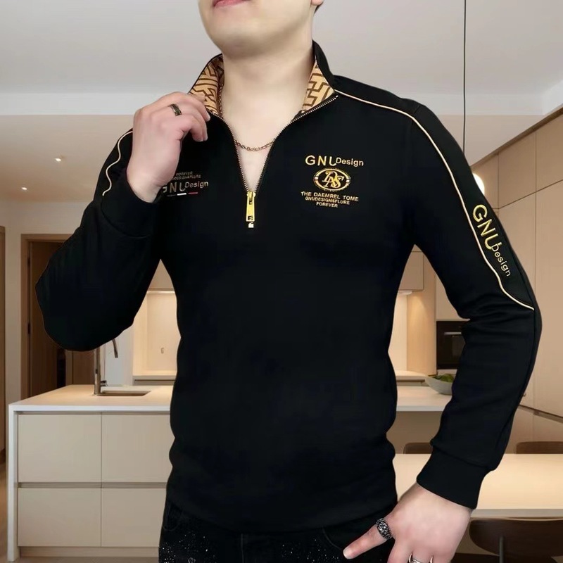 秋の男性の百合の修身刺繍の半ファスナーのpoloシャツのファッションはやせています。|undefined